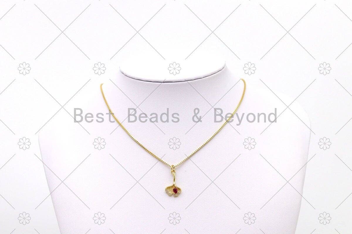 Fuchsia CZ Micro Pave Leaf Shape Pendant, 18K Gold Filled Ginkgo Leaf Charm, Necklace Bracelet Charm Pendant,Sku#LK511