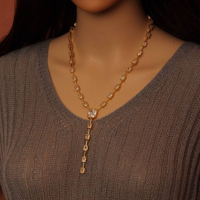 Rectangle CZ Gold Silver Y Shape Chain Necklace, Sku#A350