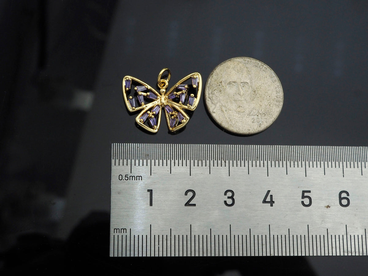 Gold Filled Violet Baguette CZ Micro Pave Butterfly Pendant,14K Gold Filled Butterfly Charm, Necklace Bracelet Pendant,21x15mm,Sku#CP23