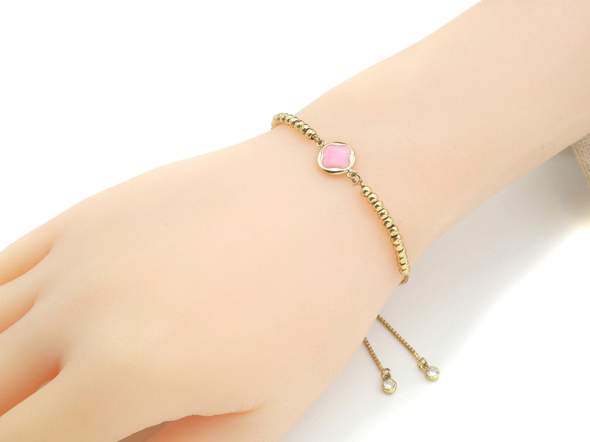 Gold Filled Pink Enamel Clover On Round Coin Shape Connector, 14K Gold Filled Clover Links, Necklace Bracelet Connector, 10x15mm, Sku#CP31