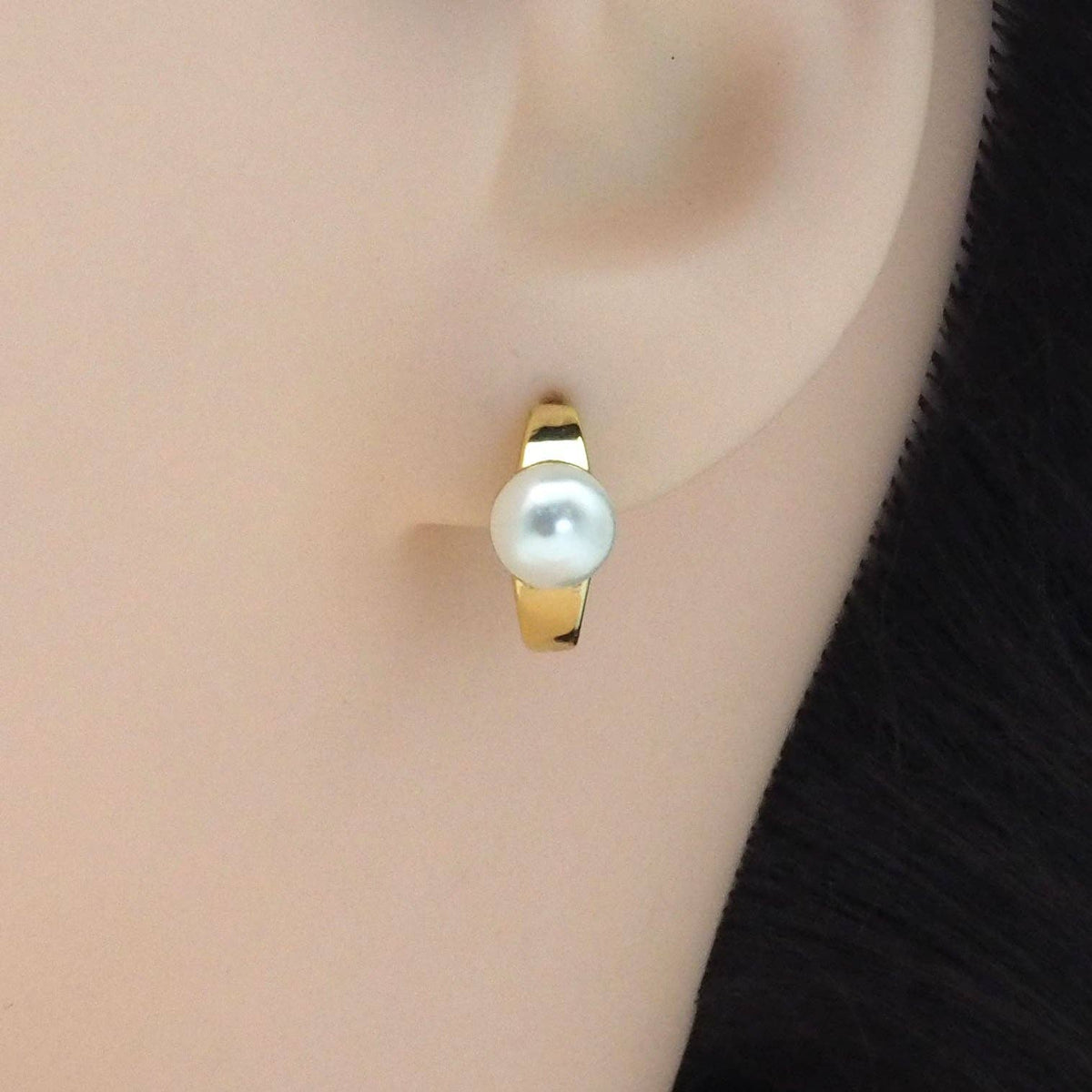 CZ Gold Silver Pearl Hoop Earrings, Sku#B360