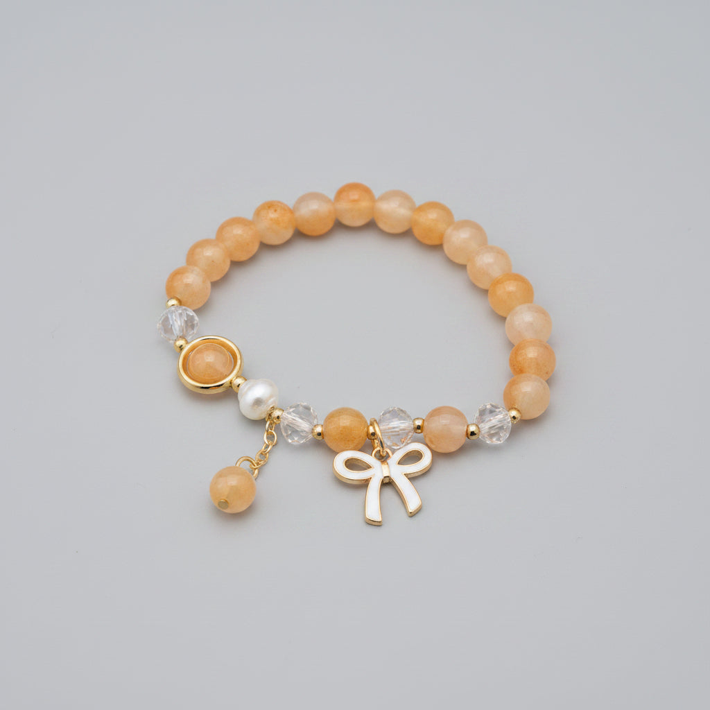 Boho Yellow Beaded Stretch Bracelet With White Ribbon