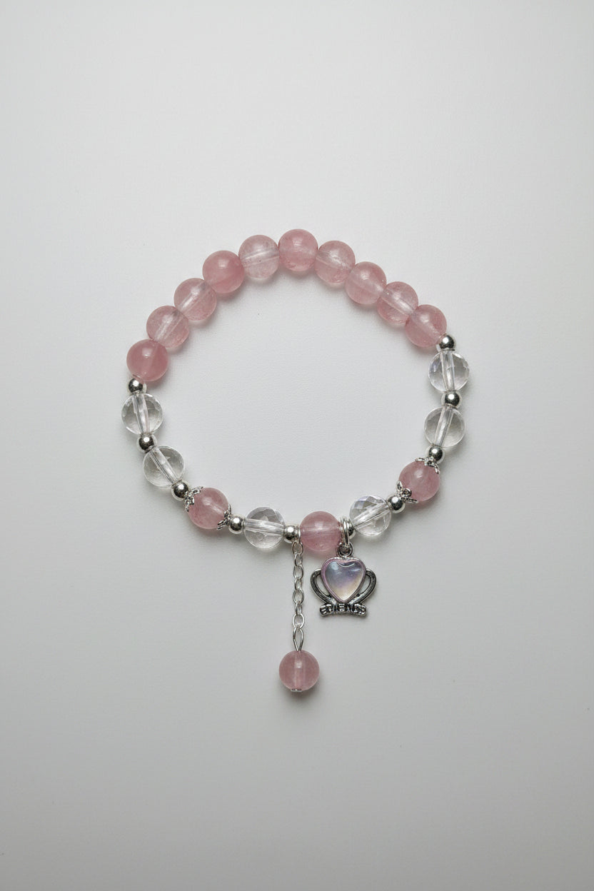Boho Pink Beaded Stretch Bracelet With Heart Shaped Bead In Crown Charm