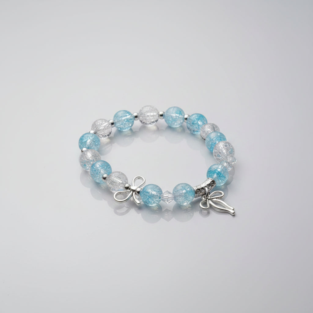 Boho Blue And Clear Crackled Glass Beads With Silver Ribbon Charms Elastic Bracelet