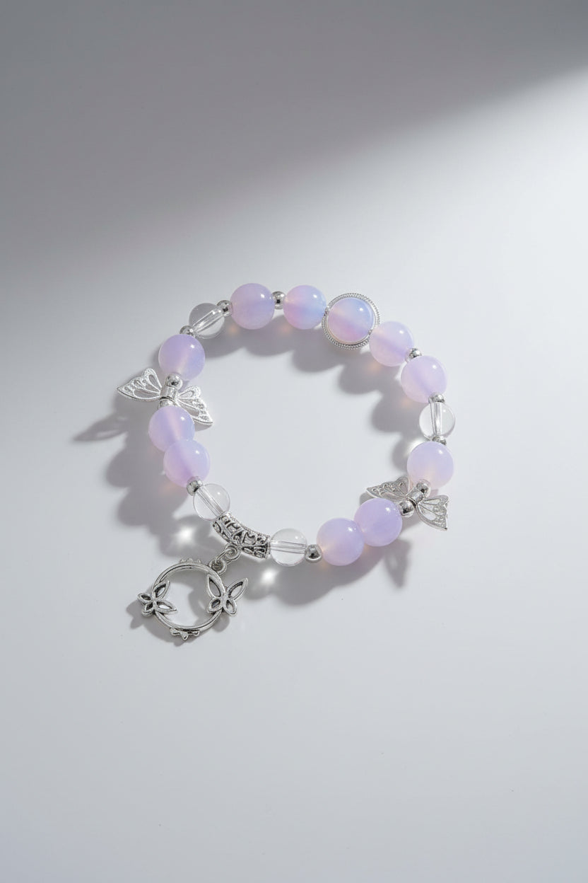 Boho Pink Glass Beads Elastic Bracelet With Butterfly Charms
