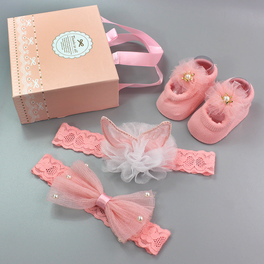 Flower Baby Girl Headband Socks Set Shoes With Crown Bows Newborn Headbands For Girls Turban Baby Hair Accessories