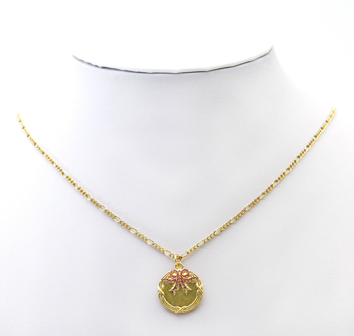 Fuchsia CZ Bowknot On Round Medallion Coin Charm, Sku#LK758