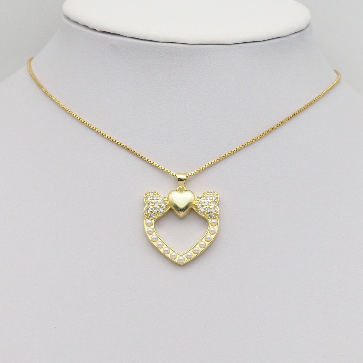 Gold CZ Bow Heart Pearl Around Charm, Sku#LK882