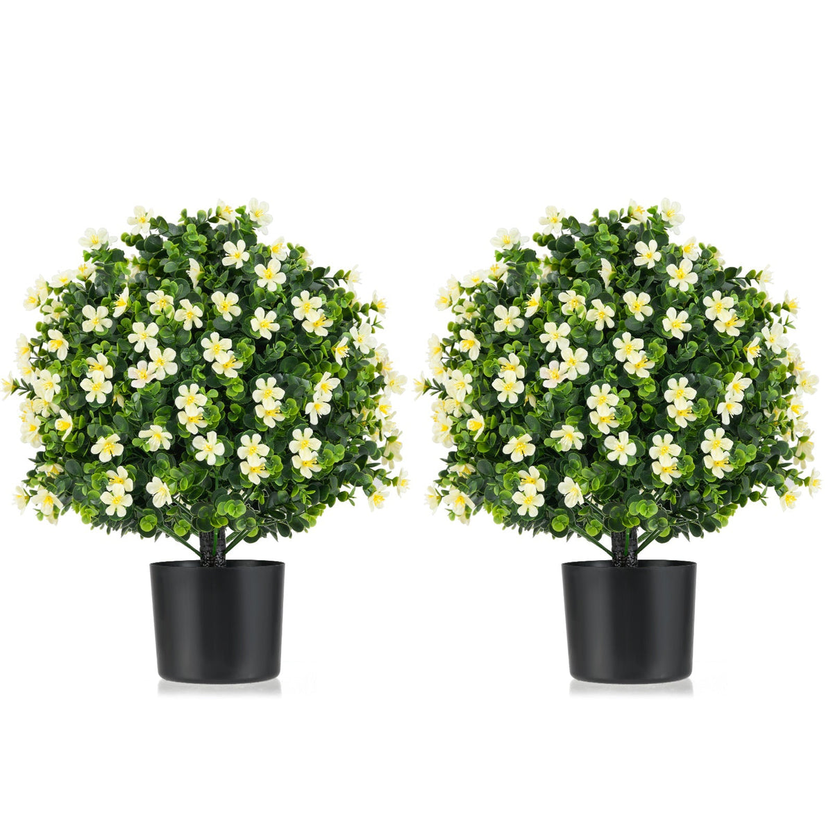 2 Pack Artificial Boxwood Topiary Ball Tree Faux Shrub Bushes with Flowers