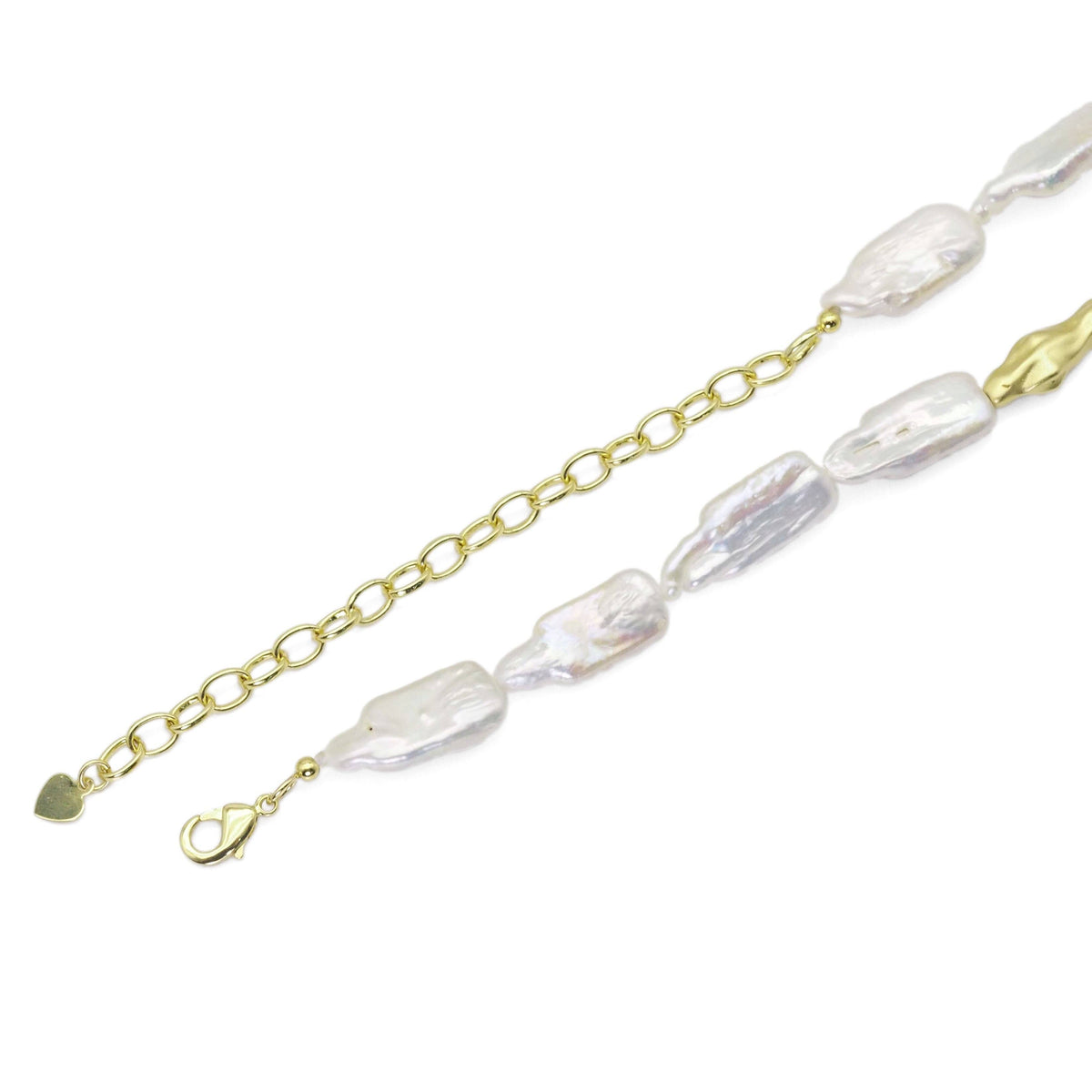 Freshwater Long Nugget Biwa Pearl with Gold Spacer Necklace, Y866