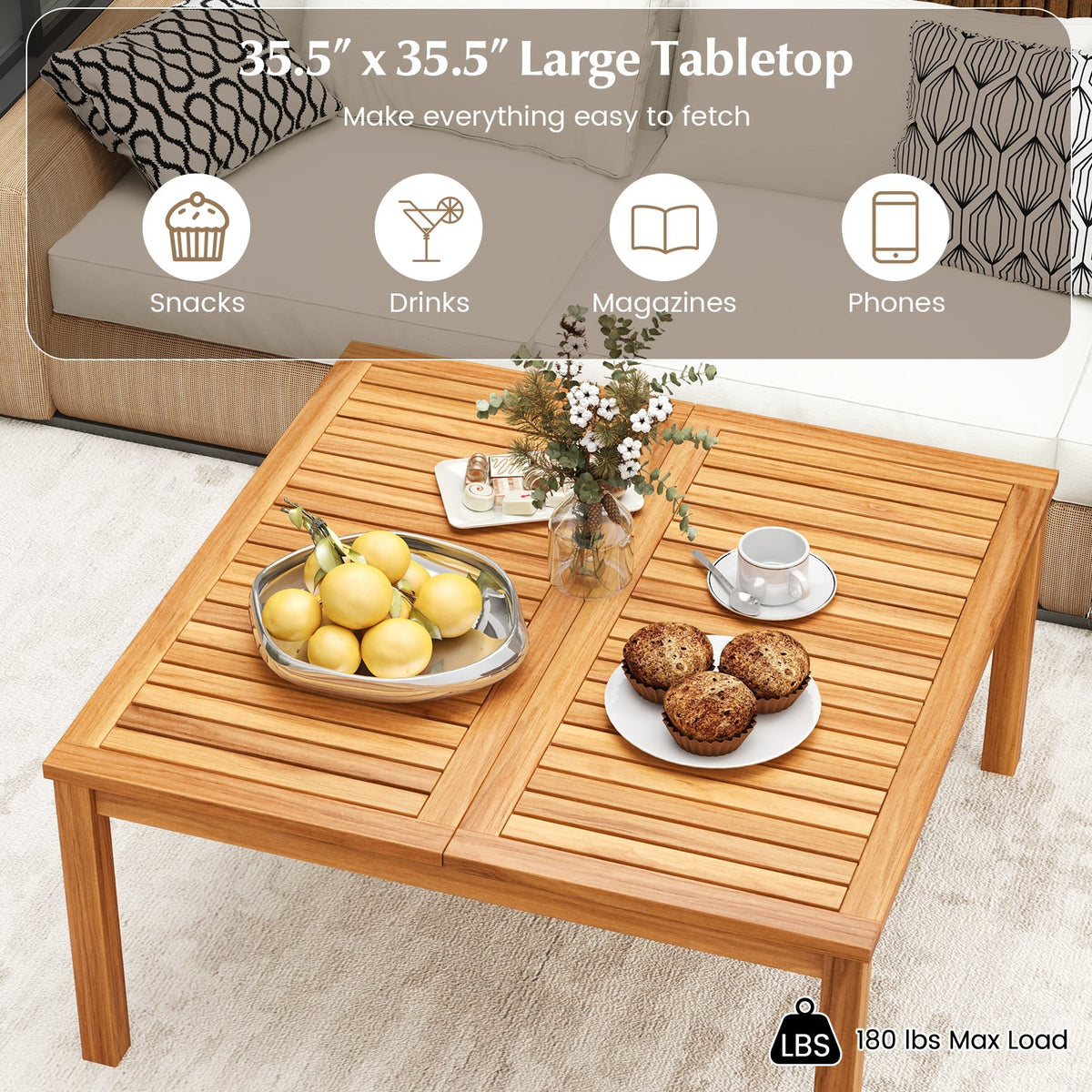 35.5 Inches Patio Solid Acacia Wood Coffee Table Side Table