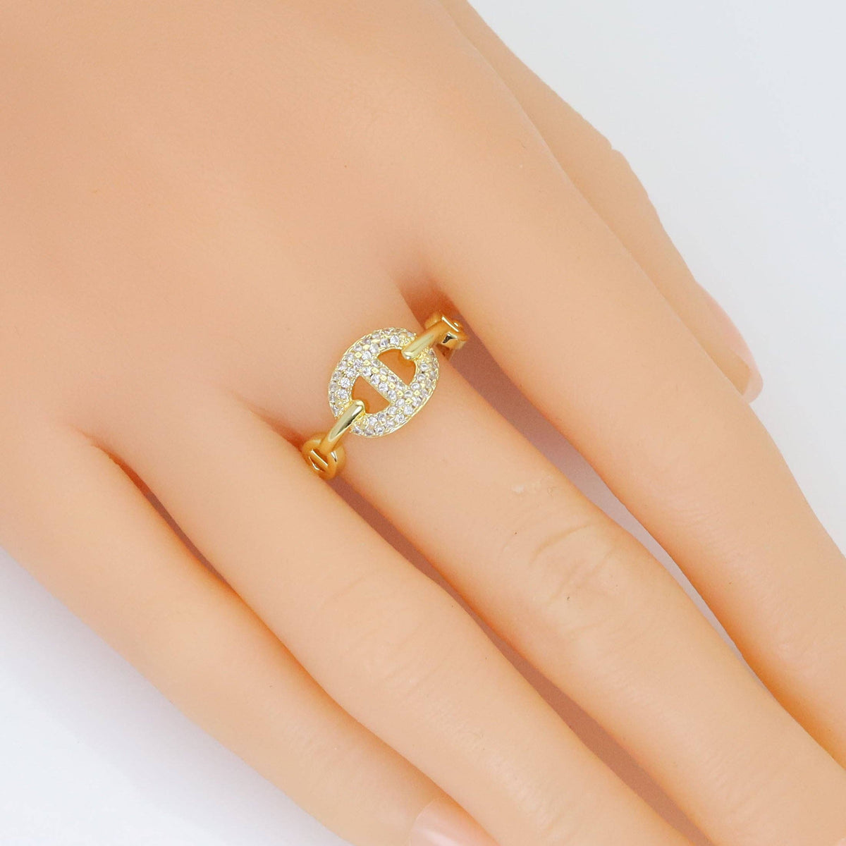 Gold CZ Anchor / Mariner Link Adjustable Ring, Sku#LD559