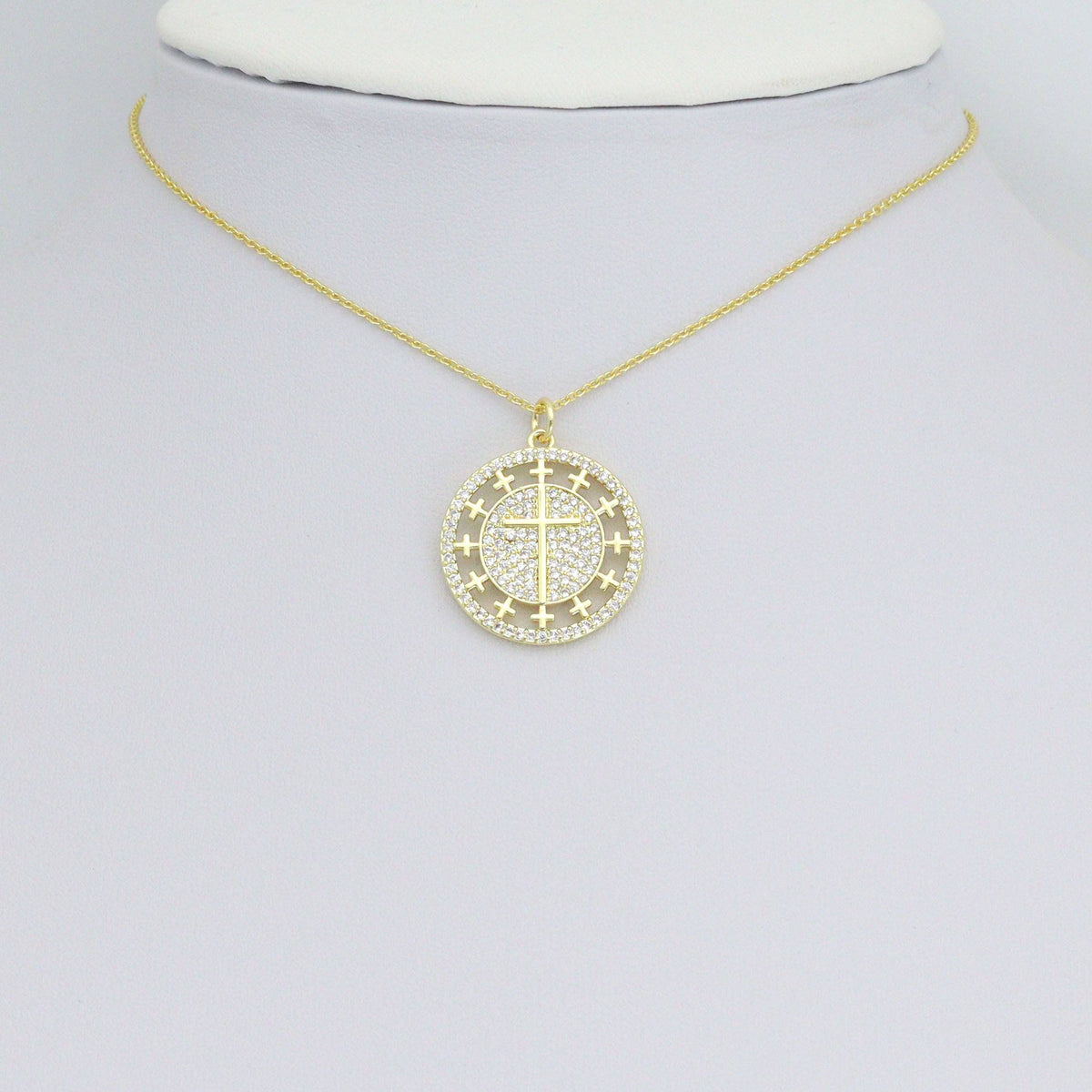 Clear CZ Gold Cross On Round Charm Pendant, Sku#L727
