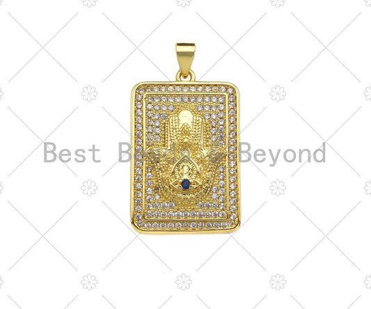 CZ Micro Pave Hamsa Hand On Rectangle Shape Pendant/Charm,Cubic Zirconia Medallion Charm, Necklace Bracelet Charm Pendant,18x28mm, Sku#LK219