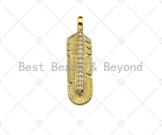 CZ Micro Pave Feather Shape Pendant/Charm,Cubic Zirconia Medallion Charm, Necklace Bracelet Charm Pendant,7x27mm, Sku#LK239