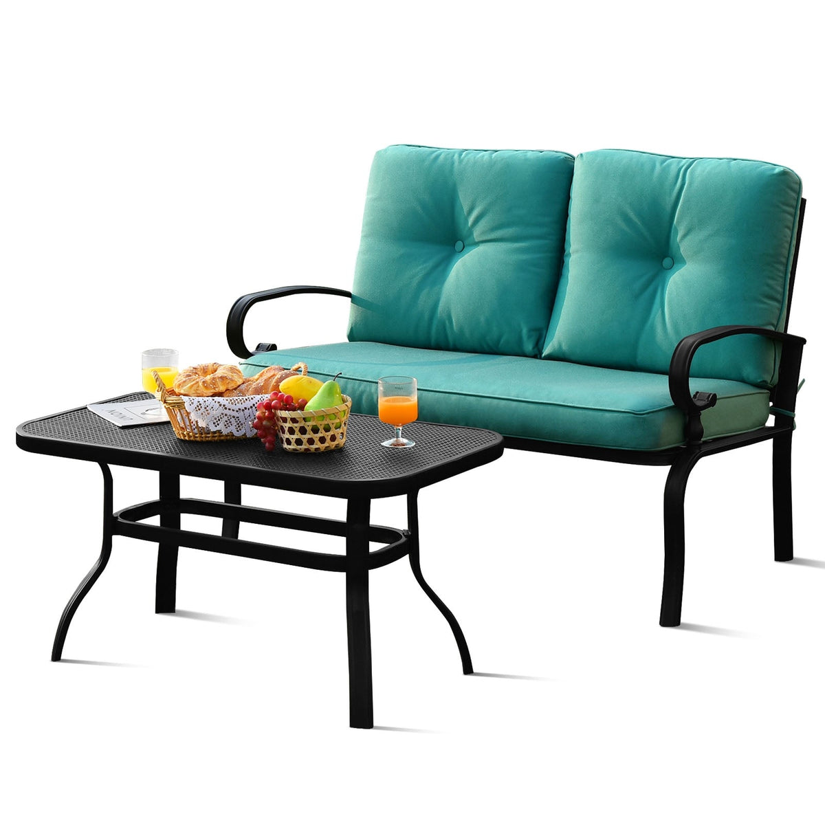 2 Pieces Patio Loveseat Bench Table Furniture Set with Cushioned Chair-Blue