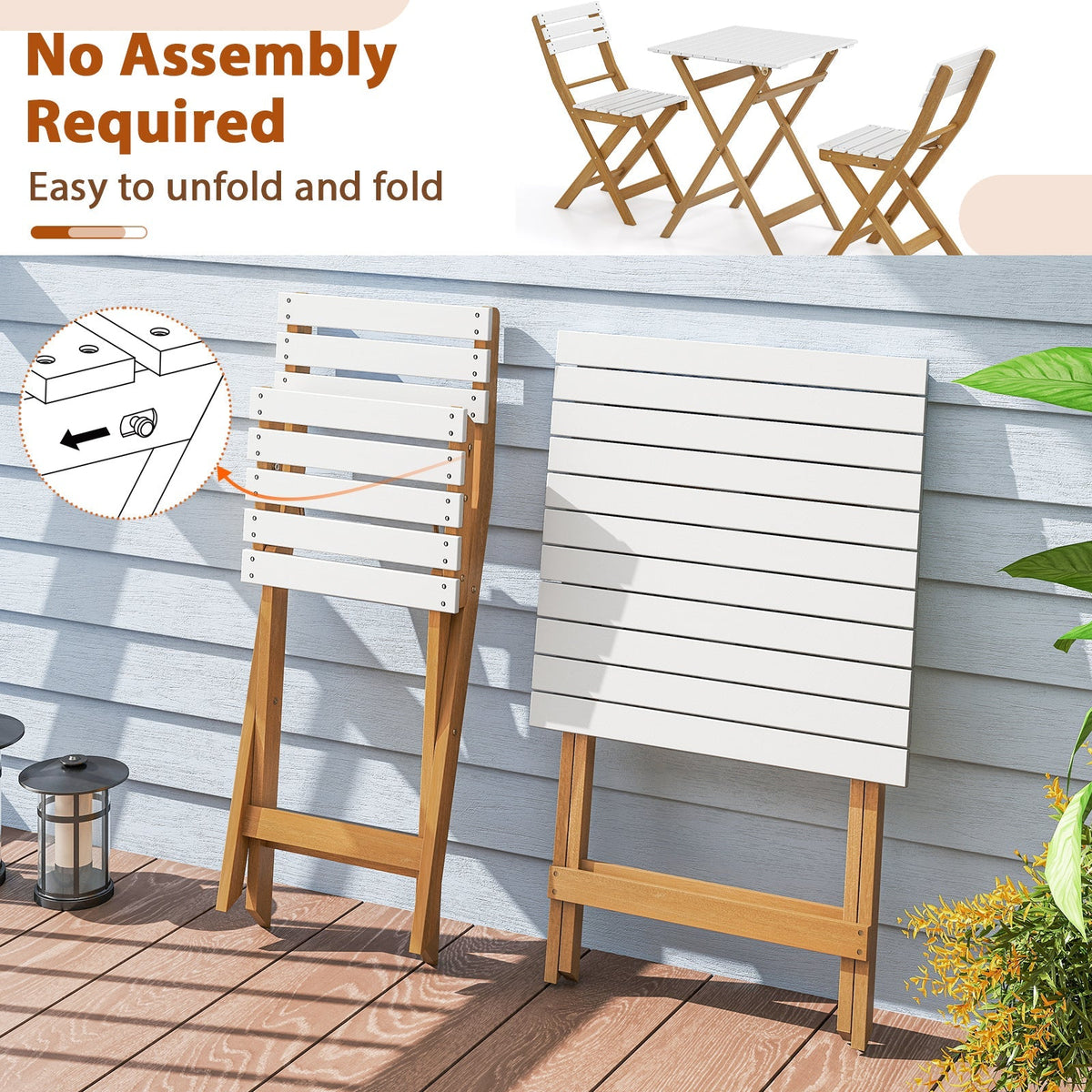 3 Piece Folding Patio Bistro Set with Foldable Design Acacia Wood Porch Chairs and Square Table