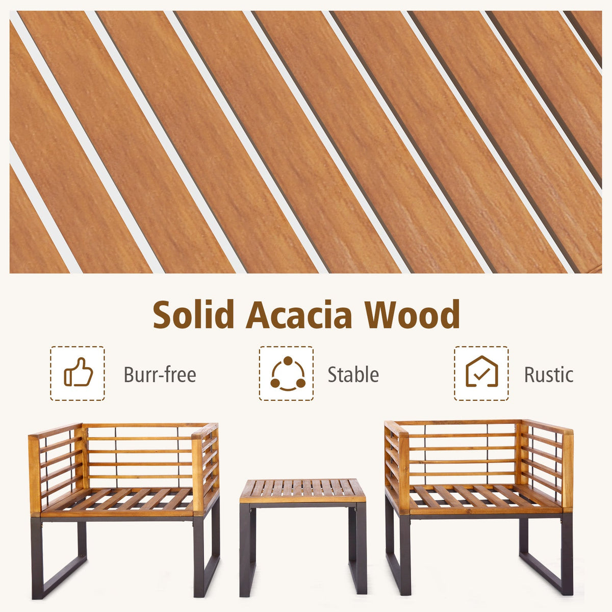3 Pieces Patio Acacia Wood Conversation Set with Cushioned Armchairs-Navy