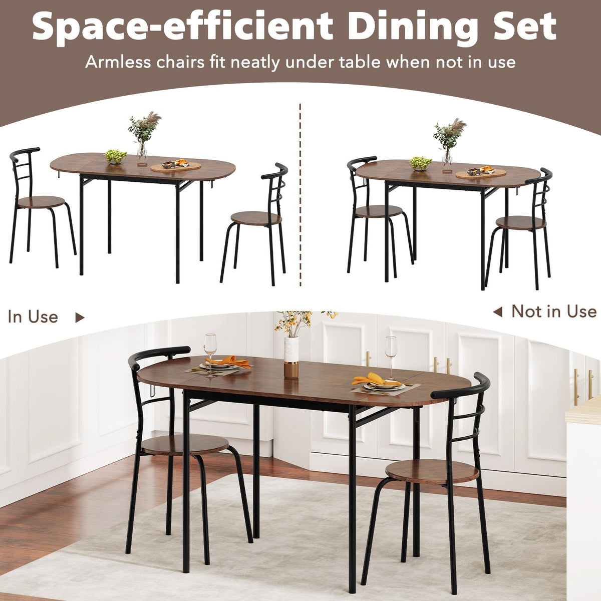 3 Pieces Dining Set with 2 Chairs and Modern Kitchen Table for Small Space-Brown