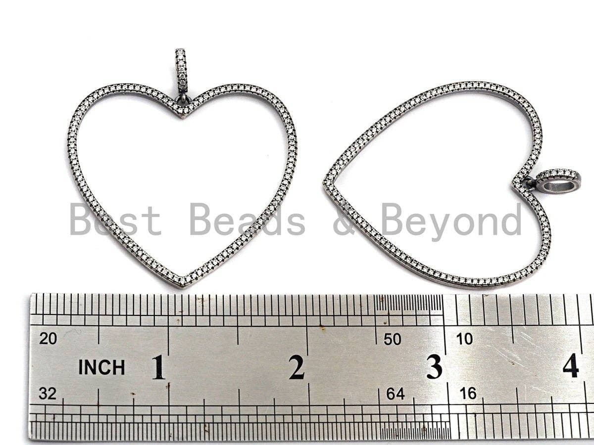 Rhidium CZ Micro Pave Large Hollow out Heart Pendant, Oxidized Silver Pave Pendant, Antique Silver Fashion Jewelry Findings, 43mm, sku#X118