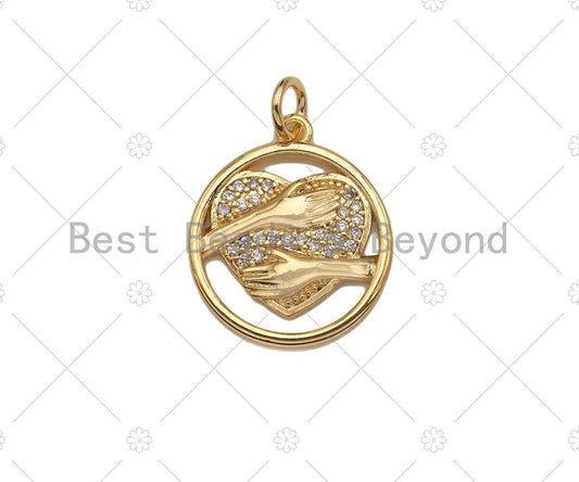 CZ Micro Pave Hug Heart On Round Ring Shape Pendant/Charm,CZ 14K Dainty Gold Charm, Necklace Bracelet Charm Pendant,16x19mm,Sku#CP18