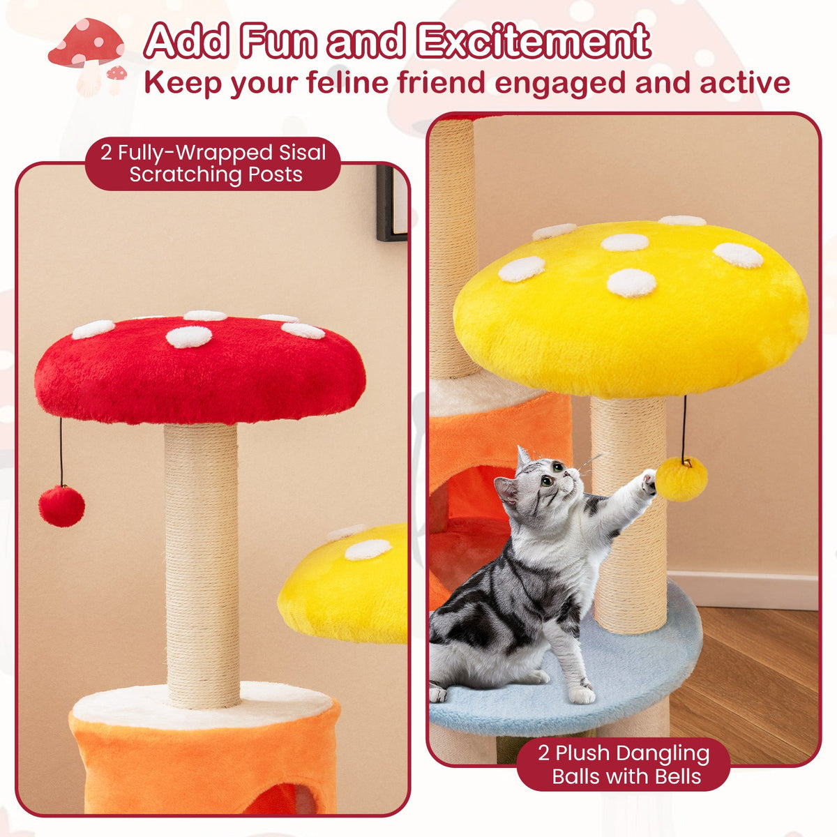 43 Inch Tall Cat Tree Cute with 2 Condos and Padded Platforms-Multicolor