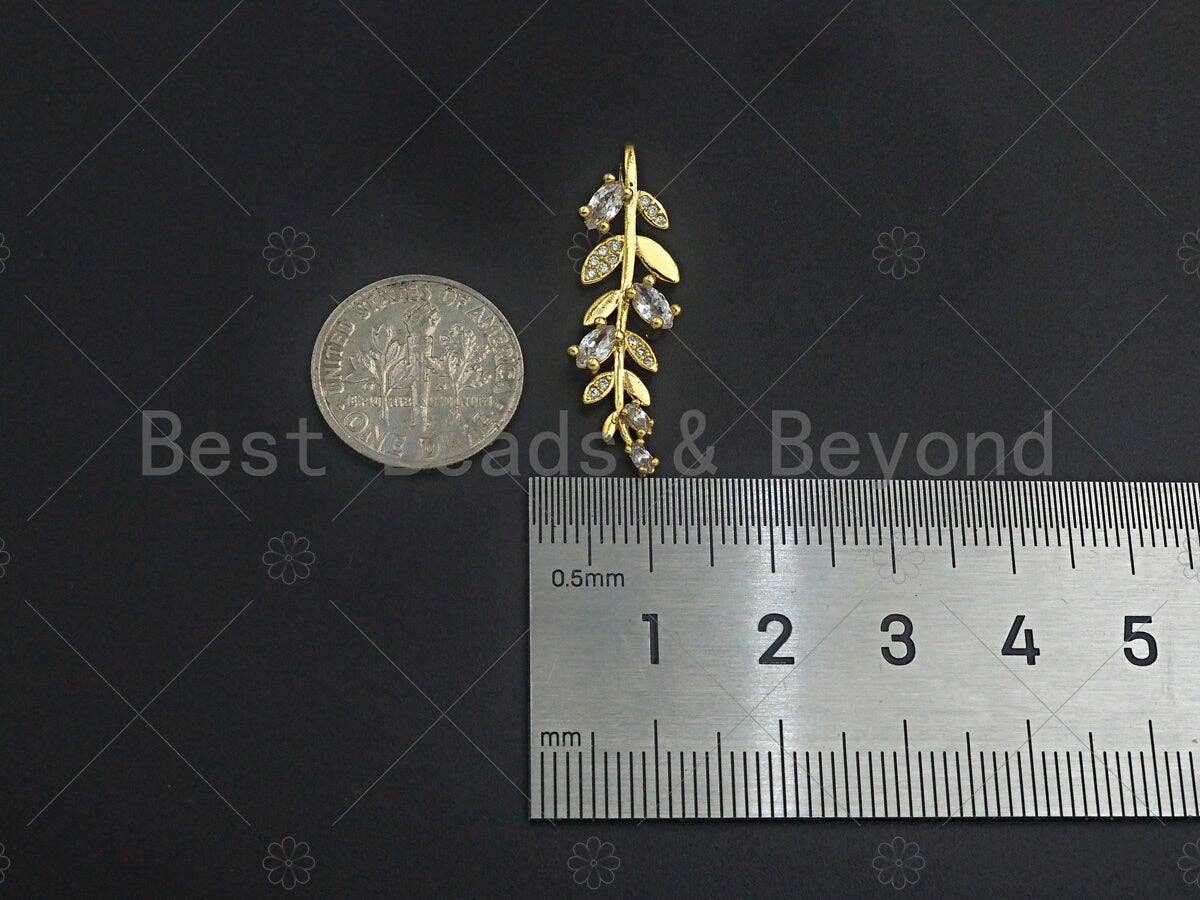 18K Gold CZ Pave Leaf Pendant, Gold Leaf Pendant, Gold plated Leaf, 9x30mm, Sku#LK27