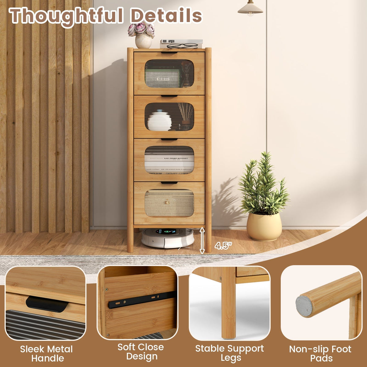 4-Drawer Dresser Bamboo Storage Cabinet with Fluted Tempered Glass Drawers-Natural