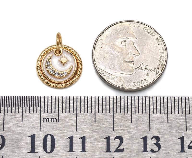 White Enamel Moon Star On Round Charm, Sku#CP42