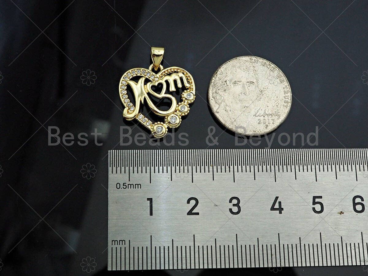 Gold Filled CZ Micro Pave Mom On Heart Shape Pendant, 18K Gold Filled Charm, Mother's Day Gift, Necklace Bracelet Pendant,19x20mm,Sku#LD118