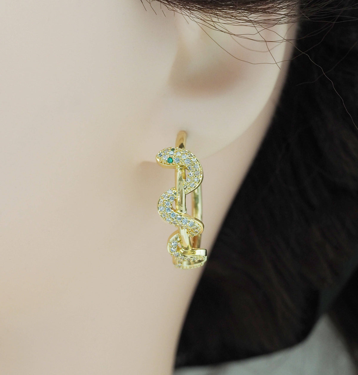 Gold CZ Wrapped Snake Hoop Stud Earrings, Sku#LD366