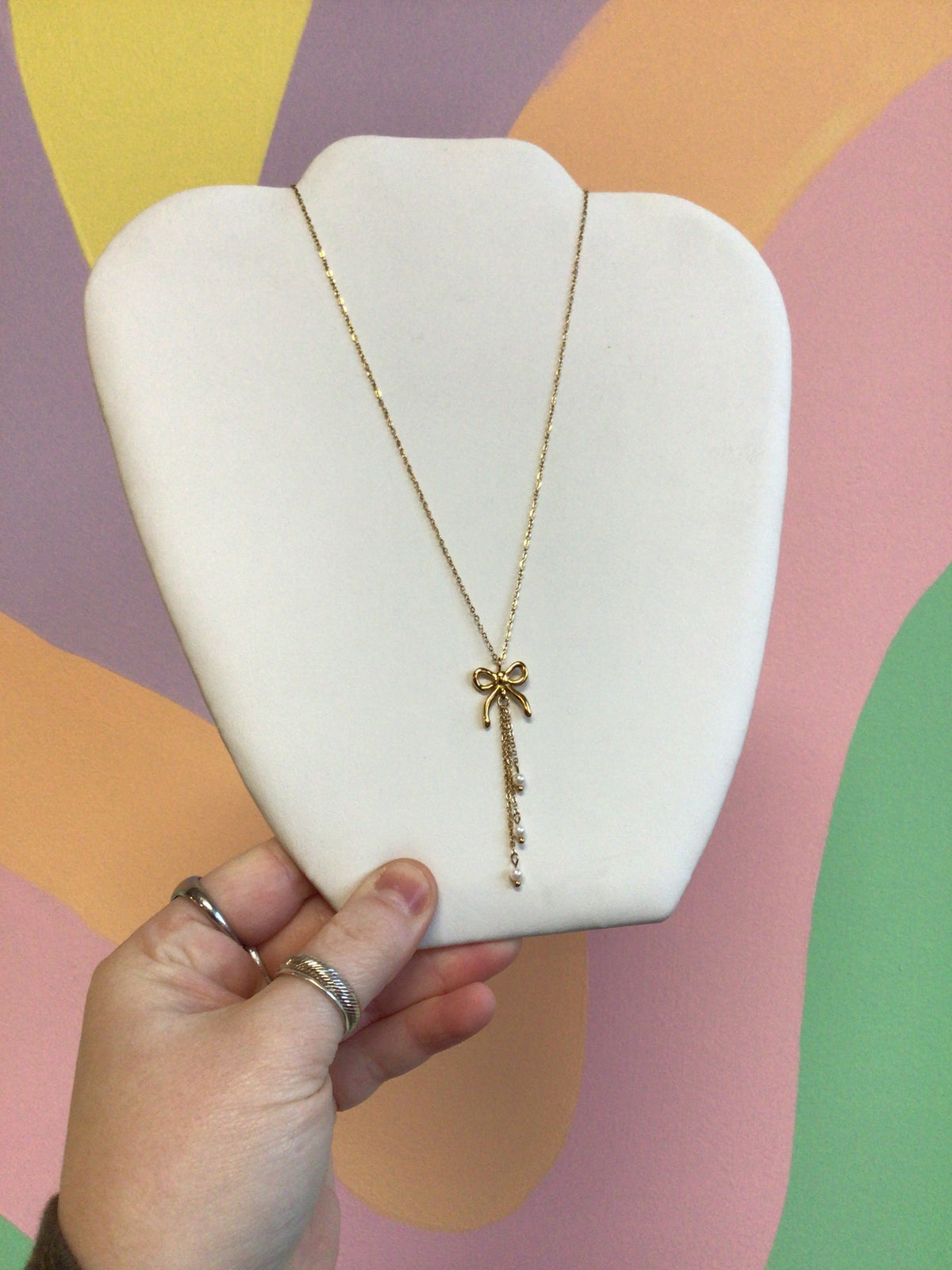 Darling Bow and Pearls Titanium Necklace
