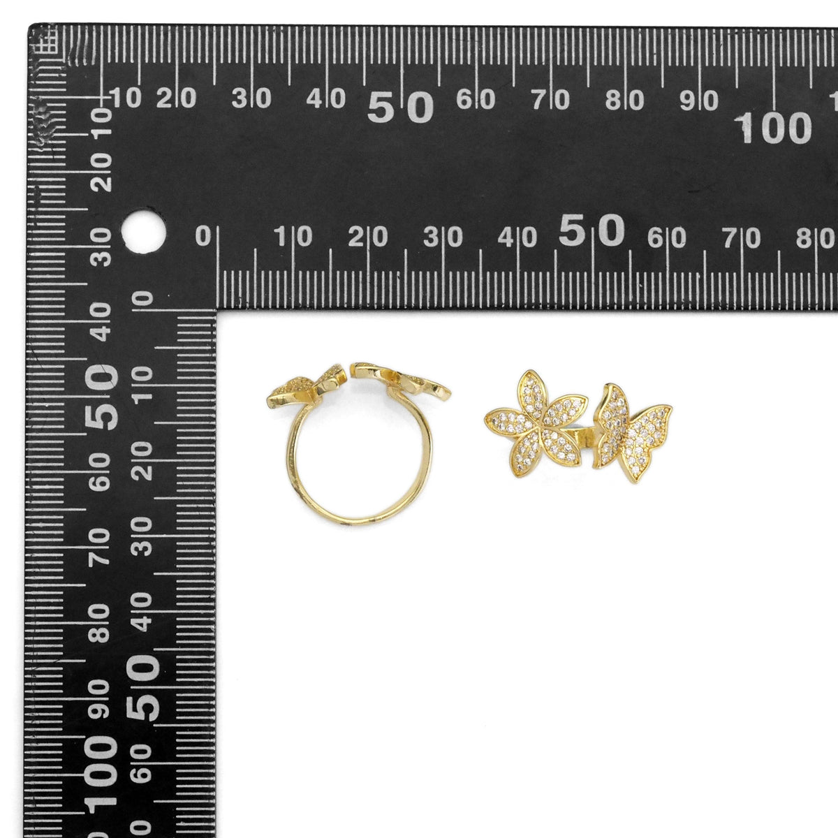 Gold CZ Flower Butterfly Adjustable Ring, Sku#LD428