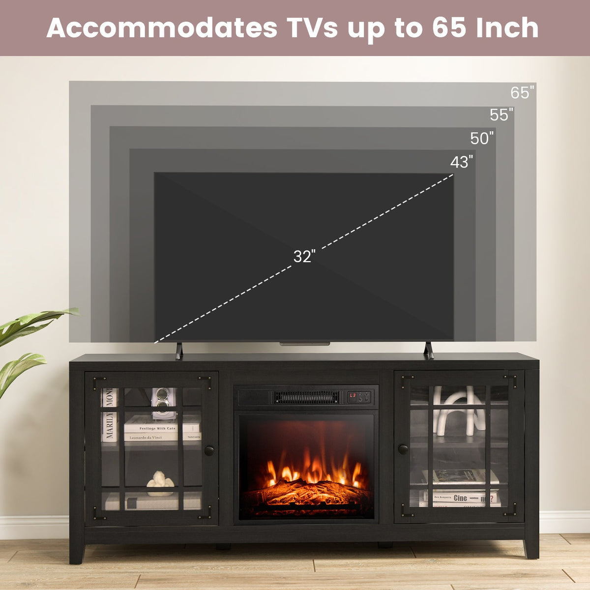 58 Inch Fireplace TV Stand with Adjustable Shelves for TVs up to 65 Inch-Black