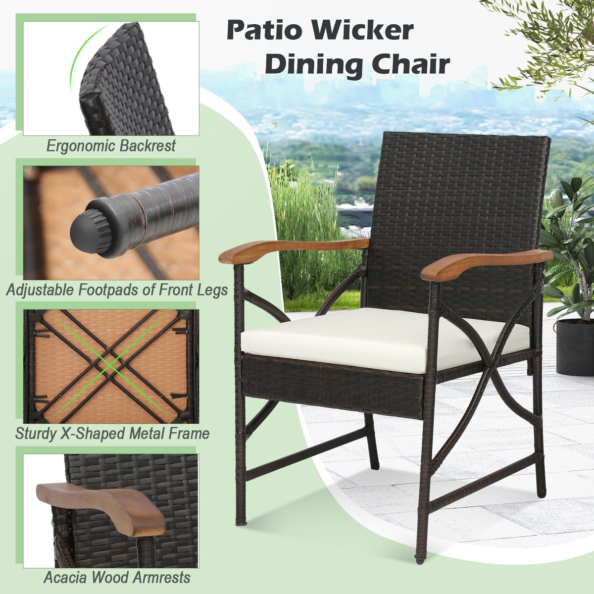 5 Pieces Patio Rattan Dining Set with Acacia Wood Tabletop and Armrests