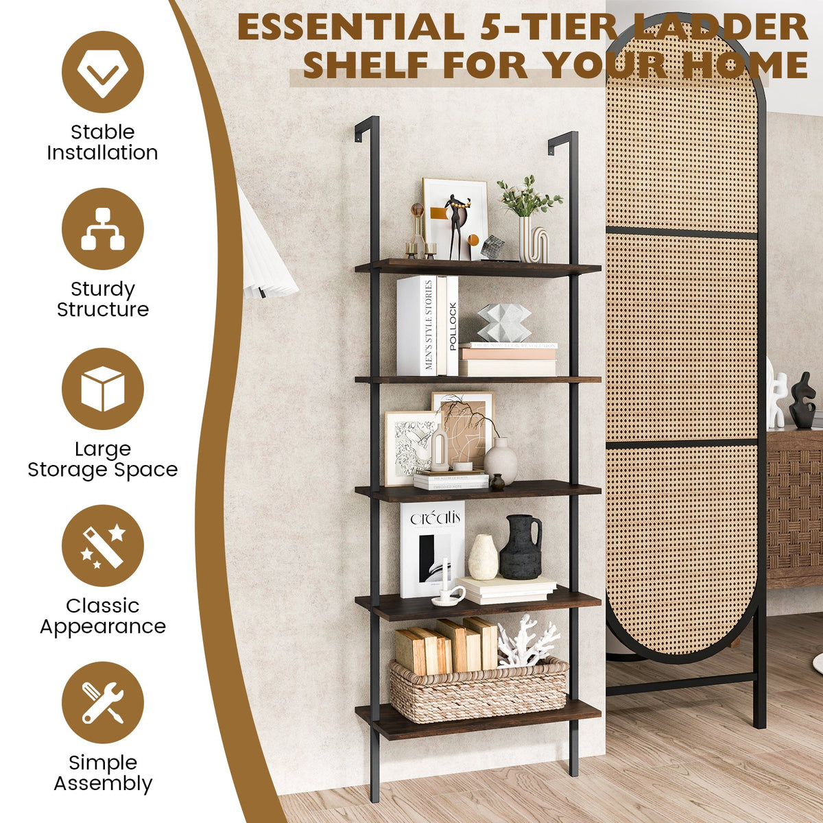 5 Tier Ladder Shelf Wall-Mounted Bookcase with Steel Frame-Brown