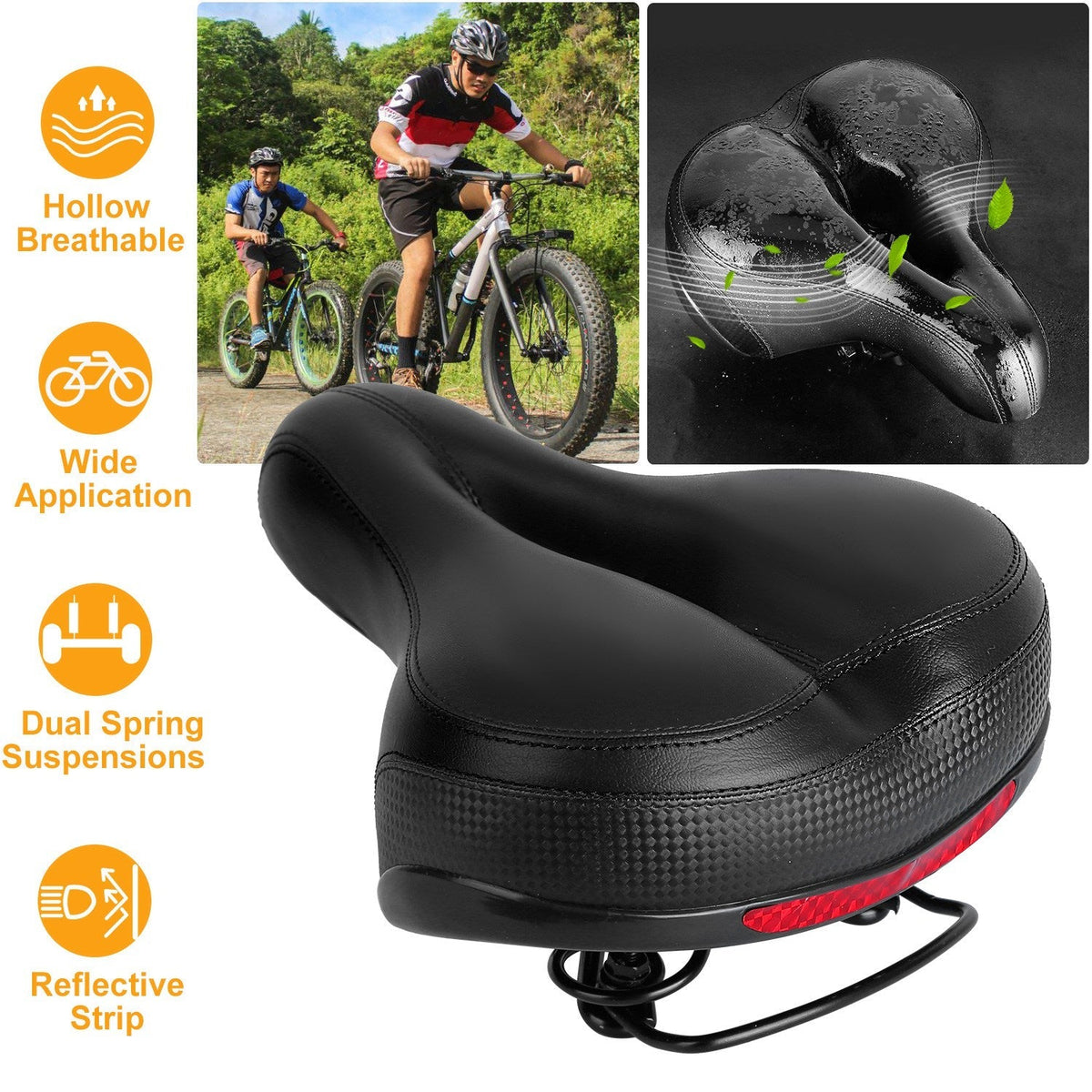 Bike Seat Water-Resistant Comfortable Bicycle Padded Saddle Wear Resistant Hollow Leather _x000B__x000B_Seat Cushion w/ Dual Springs Reflective Strip for Mountai