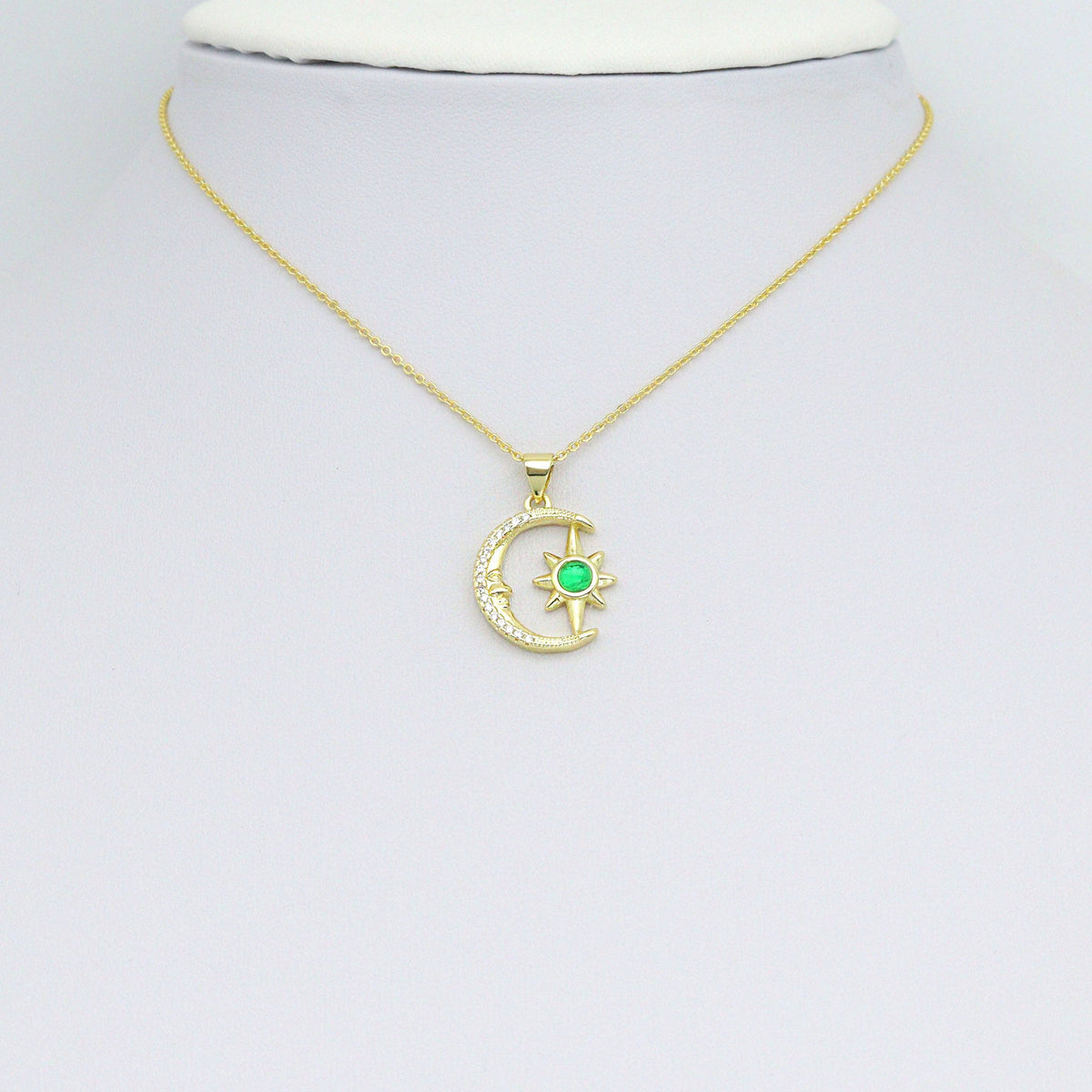 Green CZ Gold Cresent Moon North Star Charm Pendant, Sku#LK1085