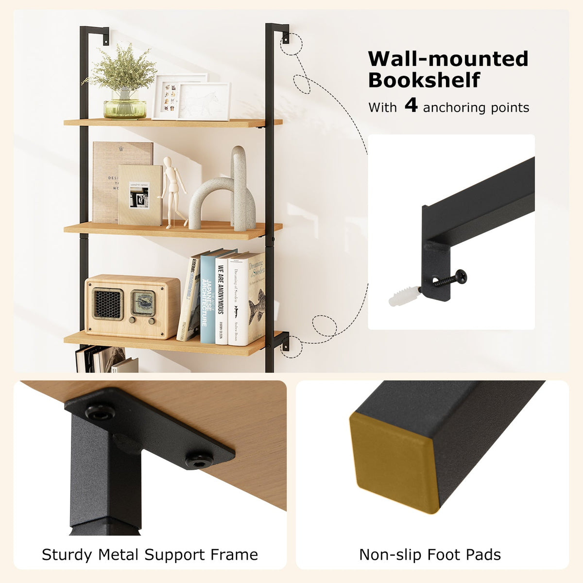 72.5 Inch 6-Tier Wall Mounted Ladder Bookshelf with Rattan Cabinet-Natural