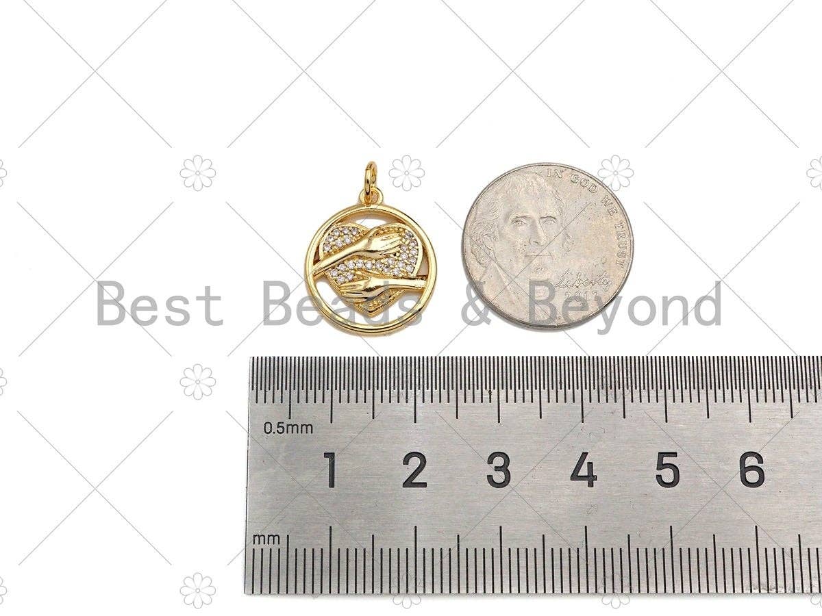 CZ Micro Pave Hug Heart On Round Ring Shape Pendant/Charm,CZ 14K Dainty Gold Charm, Necklace Bracelet Charm Pendant,16x19mm,Sku#CP18