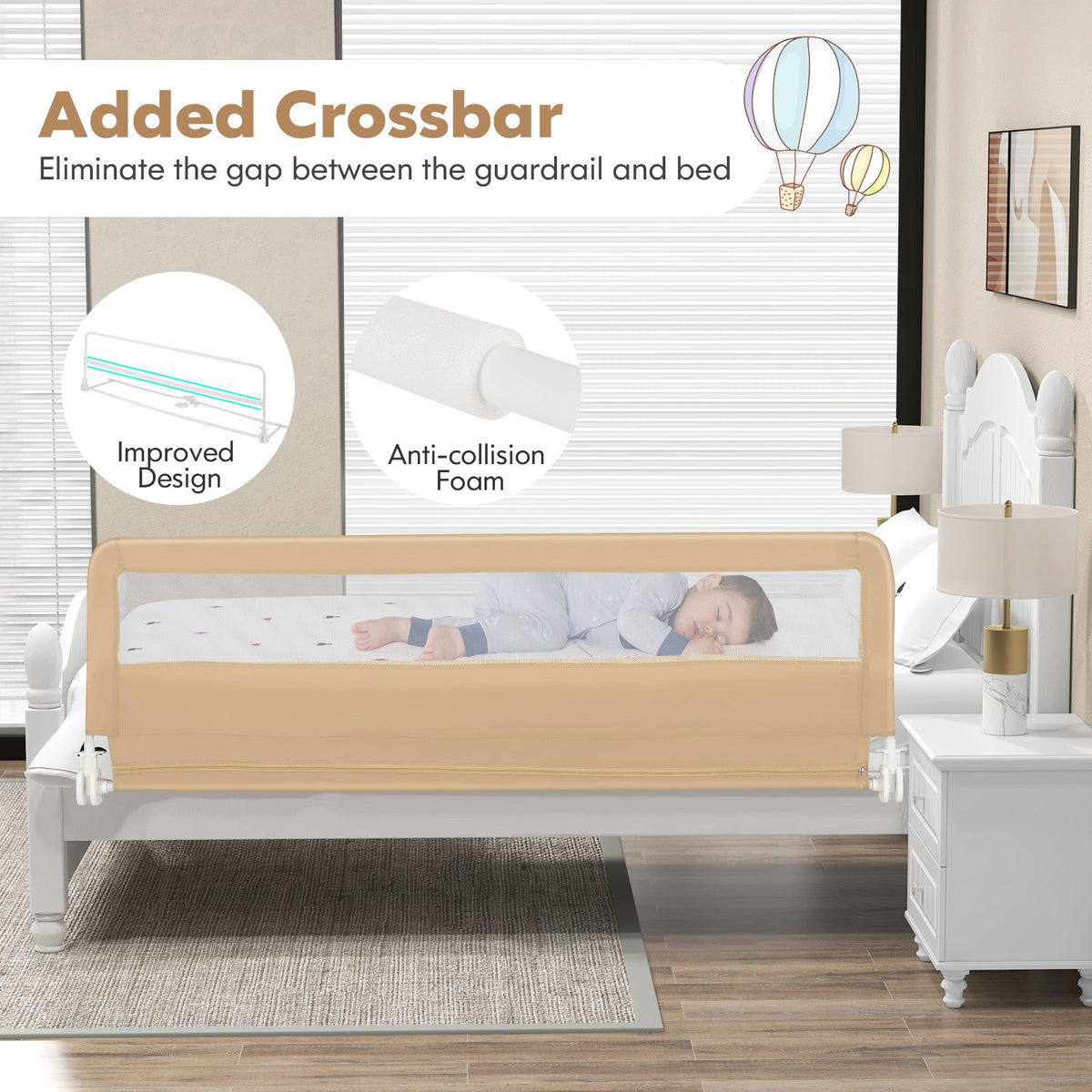 71 Inch Extra Long Swing Down Bed Guardrail with Safety Straps-Beige