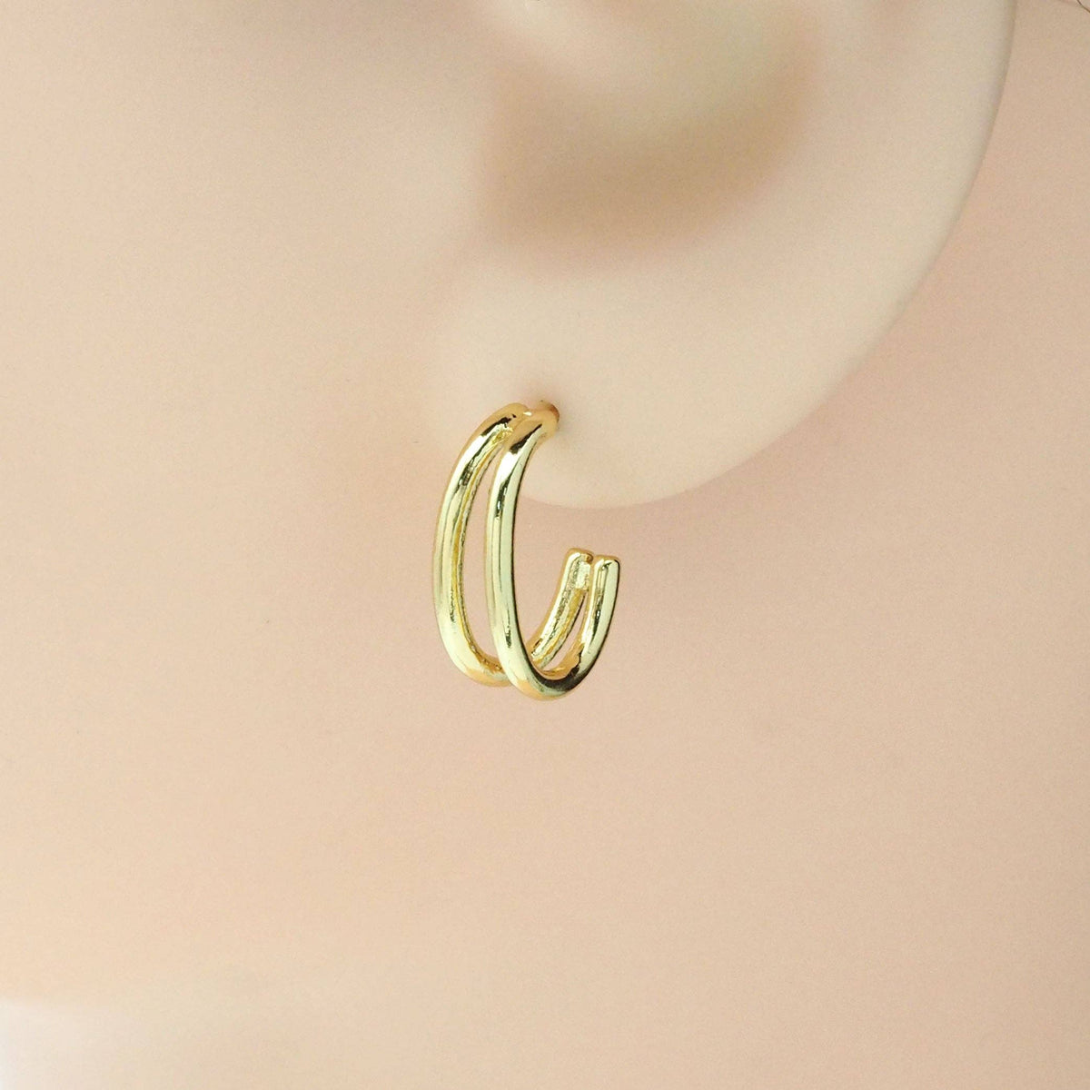 Gold Cute Double line Oval Hoop Stud Earrings, Sku#LK814