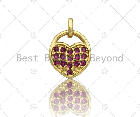 CZ Micro Pave Fuchsia Heart Lock Charm, Fuchsia CZ Heart Charm, Lock Pave Pendant, Gold Lock, 11x15mm, Sku#LK79