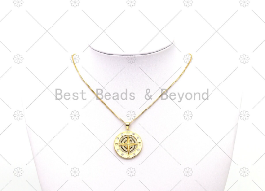 CZ Micro Pave Compass On Round Coin Shape Pendant, 18K gold Filled Medallion Charm, Necklace Bracelet Charm, Sku#LK531
