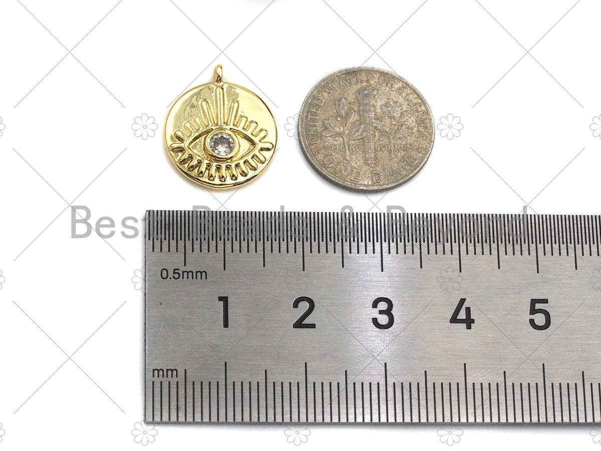 Clear CZ Micro Pave Evil Eye on Disc Pendant/Charm, Lucky Eye Cubic Zirconia Pendant, Real Gold Plated Charm Pendant,15x18mm,Sku#L304