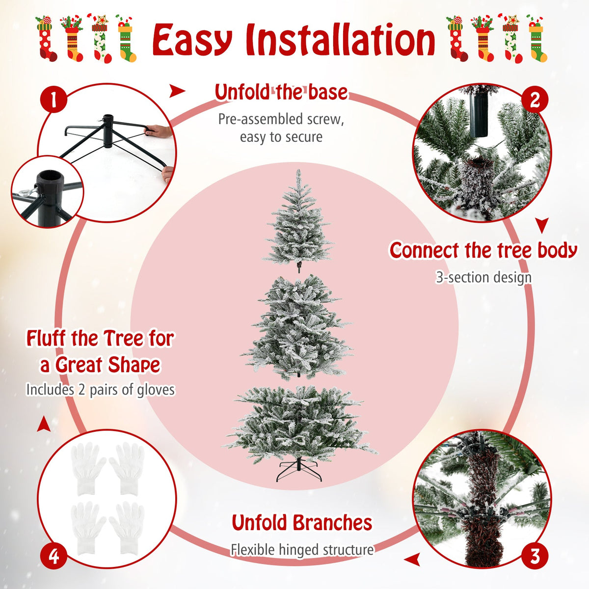 8 Feet Snow Flocked Artificial Christmas Tree with Cool White LED Lights