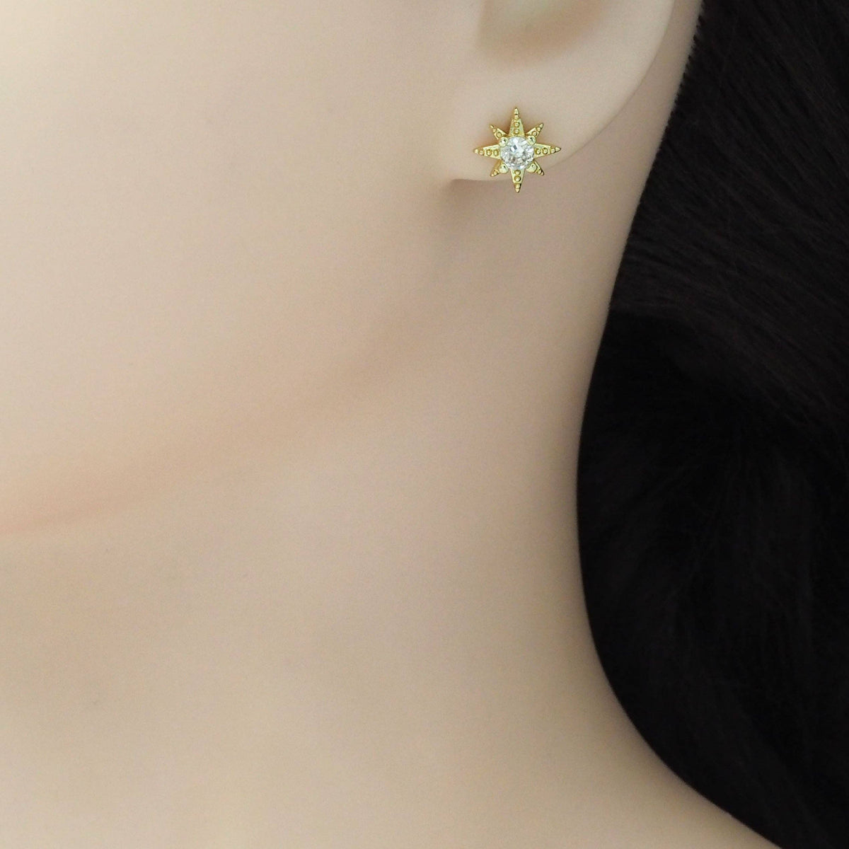 Big CZ Gold Star Stud Earrings, Sku#LD504