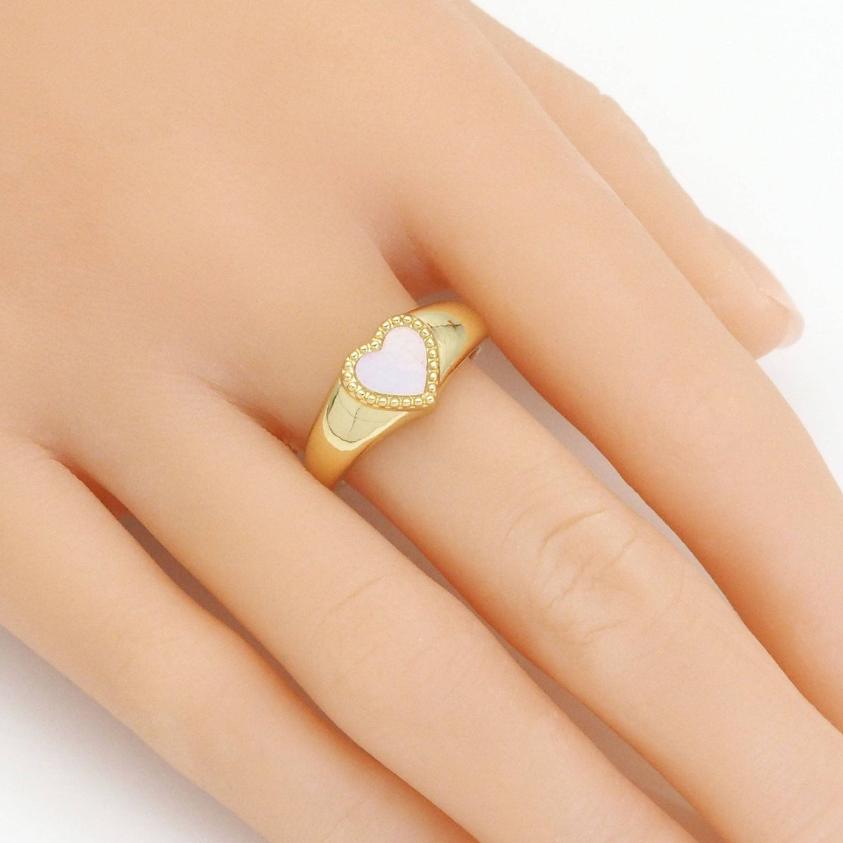 Gold CZ Mother of Pearl Heart Adjustable Ring, Sku#LD464c