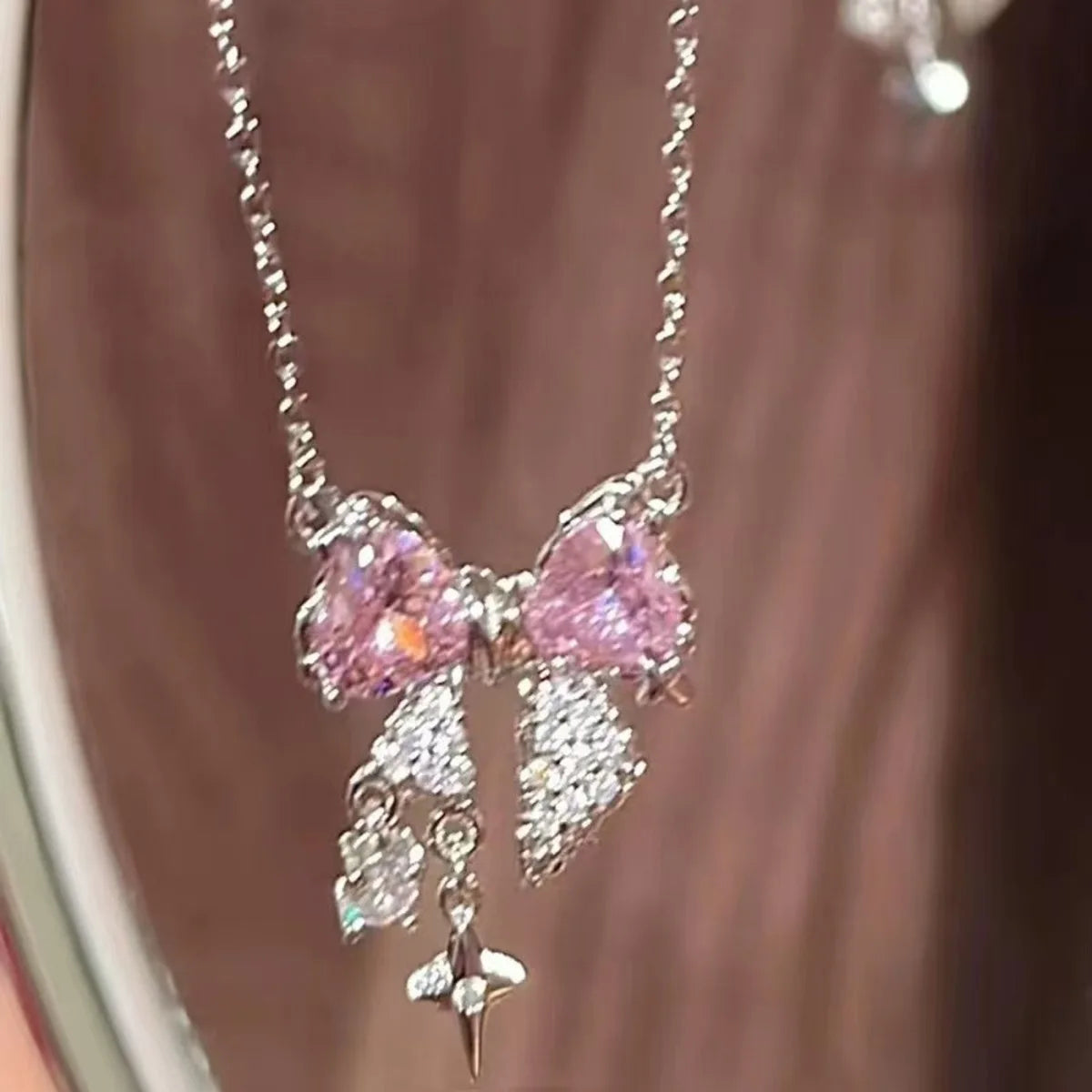 Sweet Pink Bow Necklace Ladies Fashion Sparkling Rhinestone Star Shape Pendant Clavicle Chain Delicate Wedding Accesories