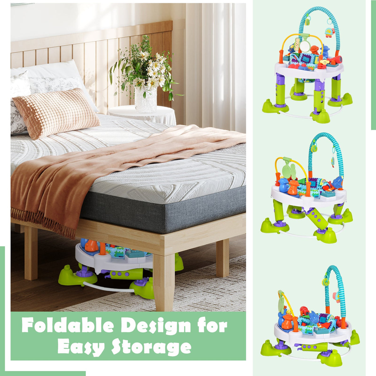 4-in-1 Baby Bouncer Activity Center with 3 Adjustable Heights-Green